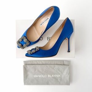 MANOLO BLAHNIK | Hangisi 105 Blue Satin Crystal Jewel Buckle Pumps EU 37